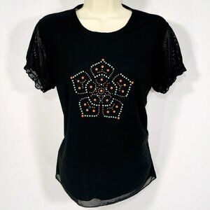 Y2K Rampage Black Mesh Beaded Mandala Top Sz L Puff Sleeve Smock Back WhimsyGoth